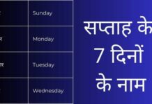 सप्ताह के 7 दिनों के नाम हिंदी एवं अंग्रेजी में Week Days Name in Hindi